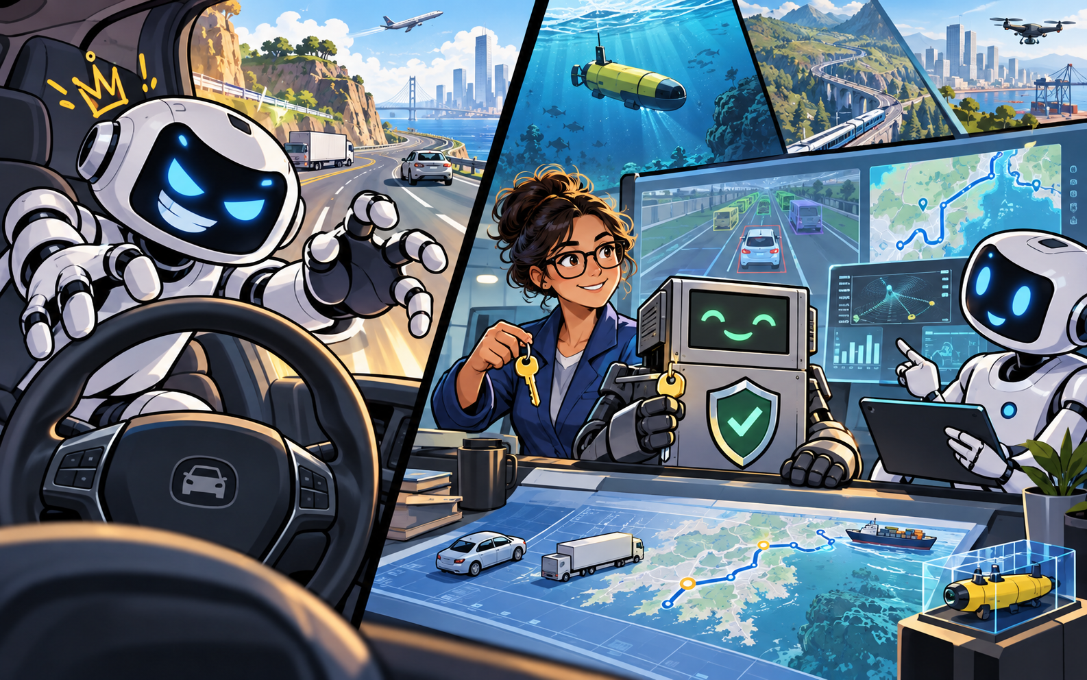 Editorial cartoon contrasting an AI robot directly controlling a vehicle with a safer arrangement where a human engineer and safety computer retain control while the AI provides advice.