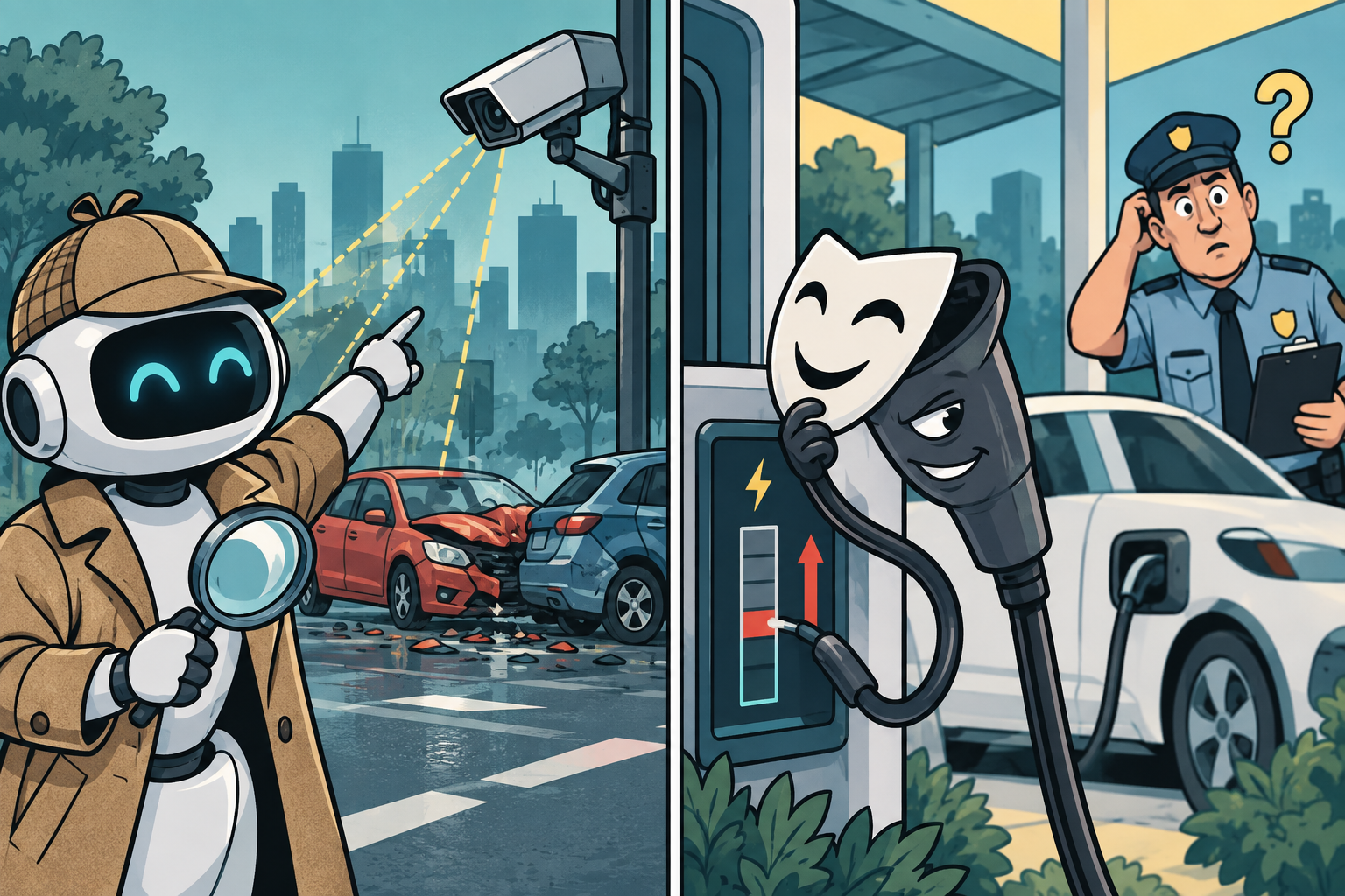 Editorial cartoon contrasting accident detection with disguised manipulation at an EV charger.