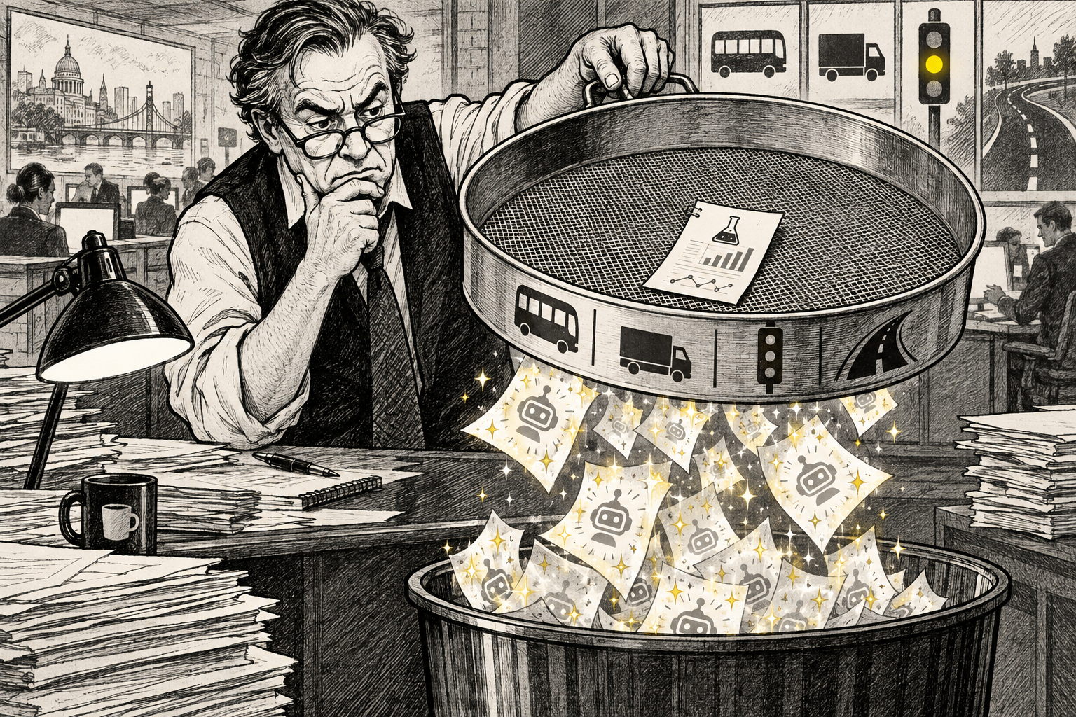 Editorial cartoon of an editor sifting glittery AI claims to find one rigorous experiment.