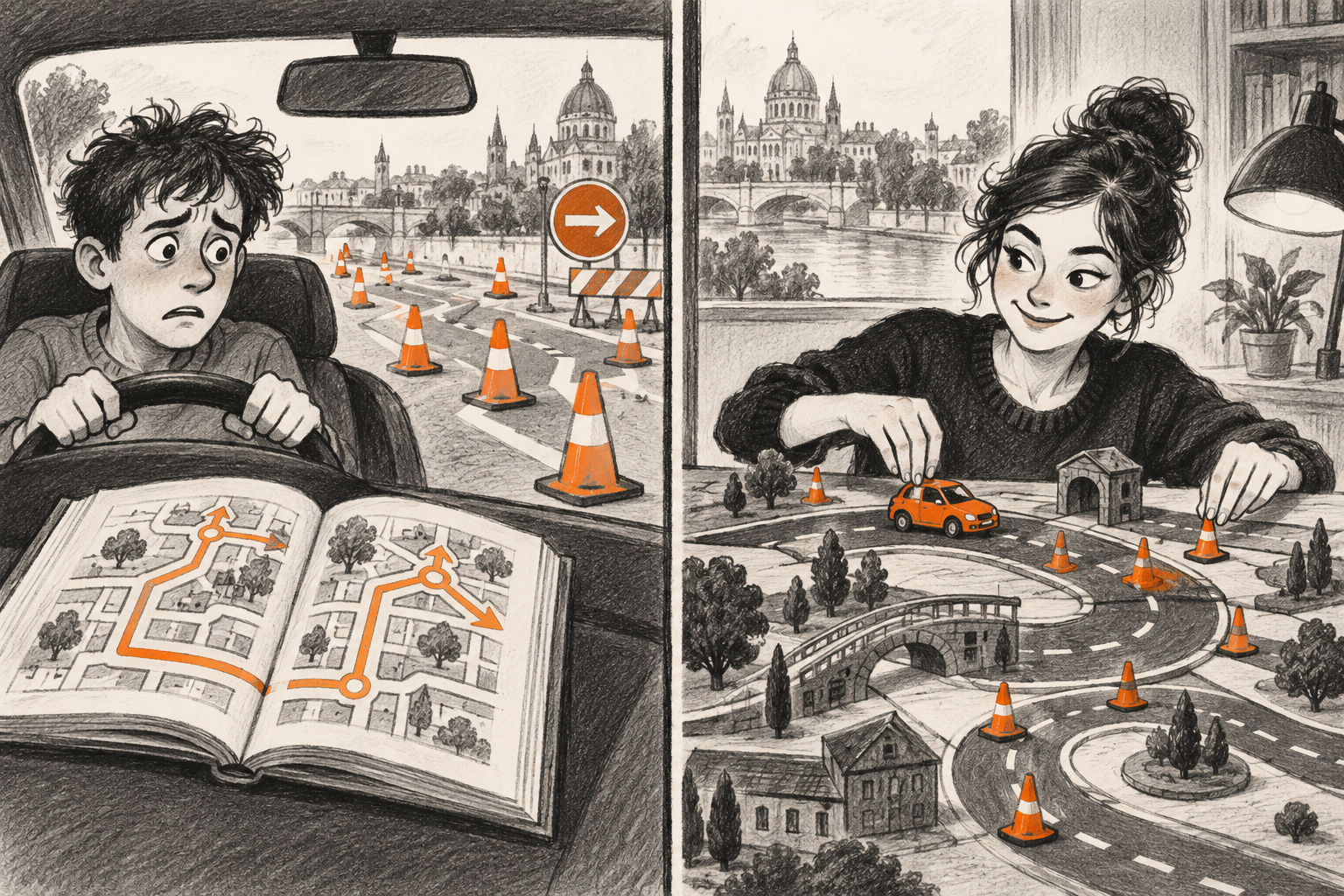 Cartoon comparing memorizing a route with practicing on a changing miniature road.