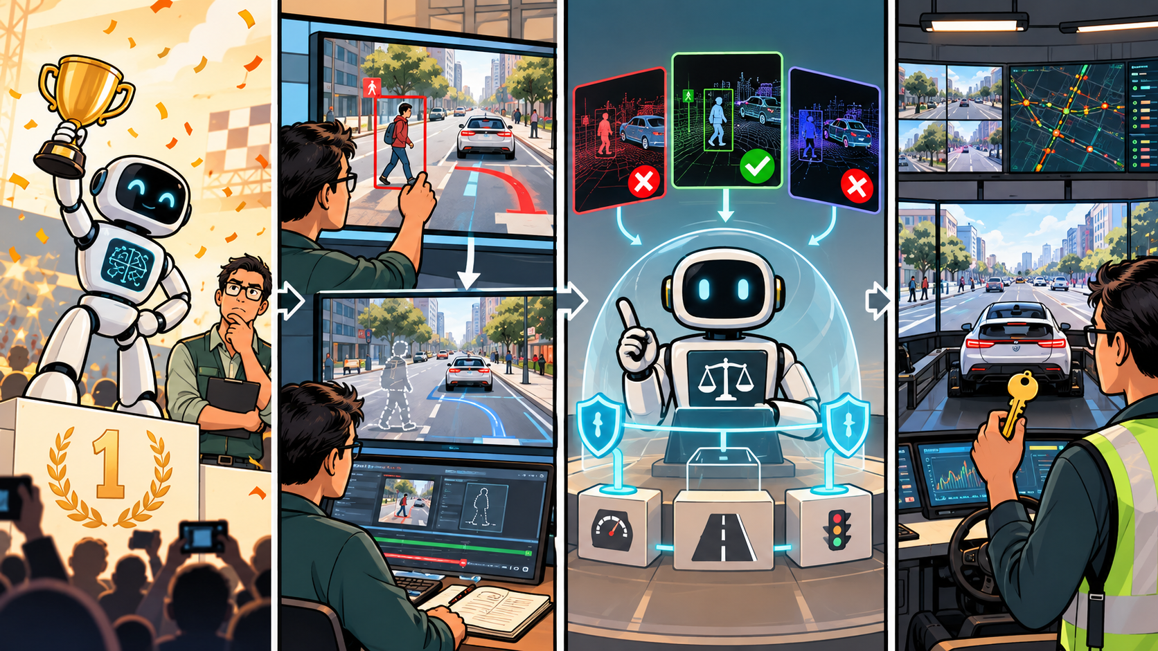 Four-panel editorial illustration moving from a trophy-winning AI system to counterfactual testing, bounded arbitration and human safety authority.