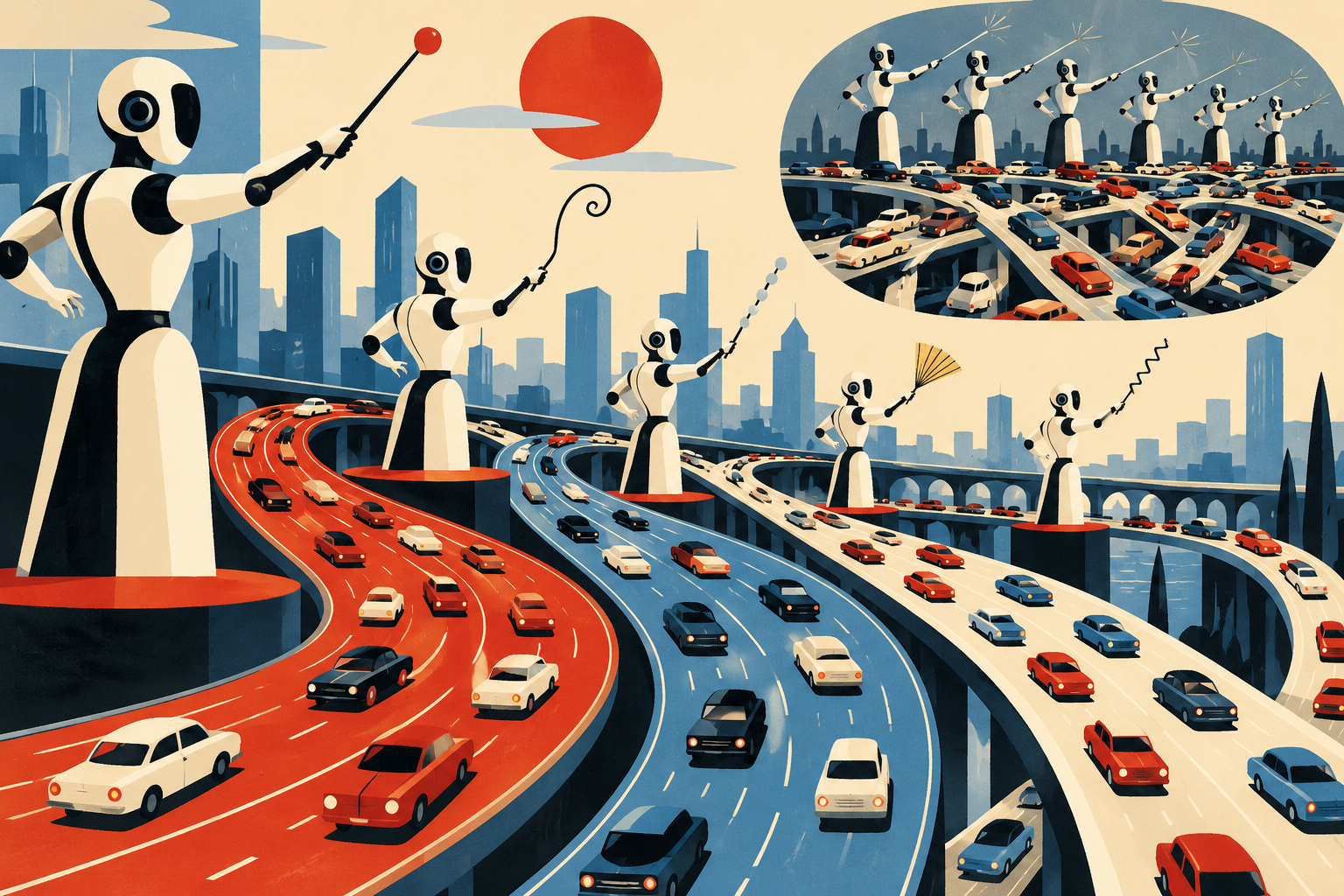 Mid-century cartoon of diverse robot conductors managing traffic while identical conductors create a jam.