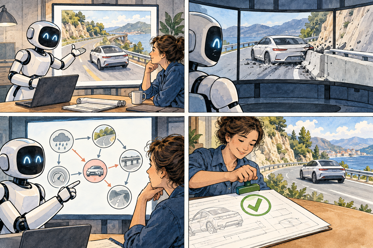 Four-panel watercolor cartoon showing an AI-proposed road test, harmless simulated crash, causal analysis and human approval.